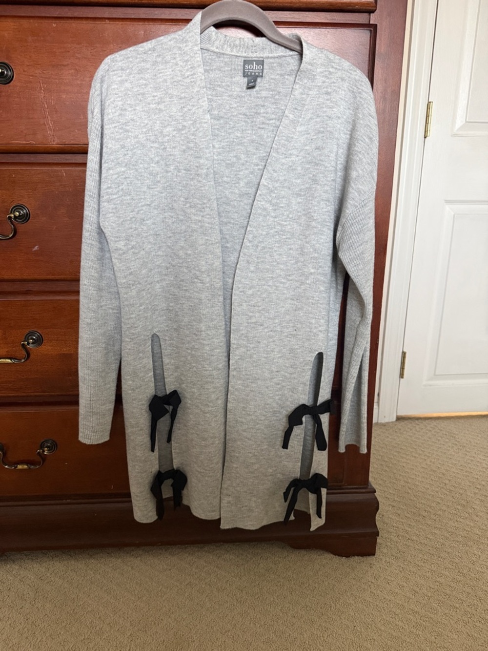 Soho Light Gray Open Cardigan with Black Bow Details